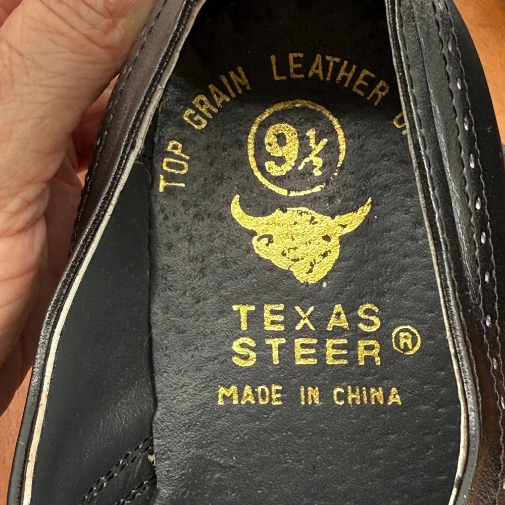 Texas Steer Oxford Shoes Black Leather Work Safety Sole Brogue Mens 9.5‎ E Wide